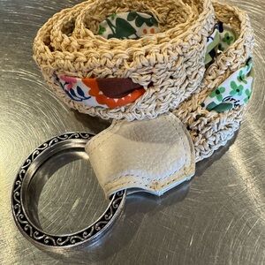 Brighton Cream Woven Belt with Floral Fabric Inlay and Silver Ring Buckle